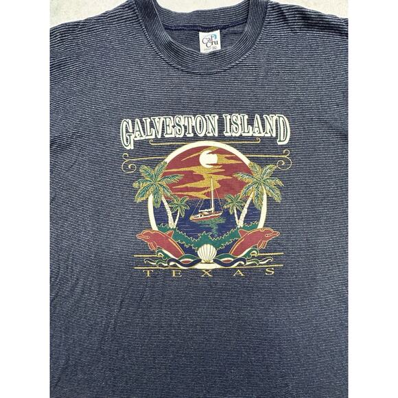 Vintage Galveston Island Size‎ Large Tshirt Cal Cru Navy Stripe Destination - Picture 2 of 10
